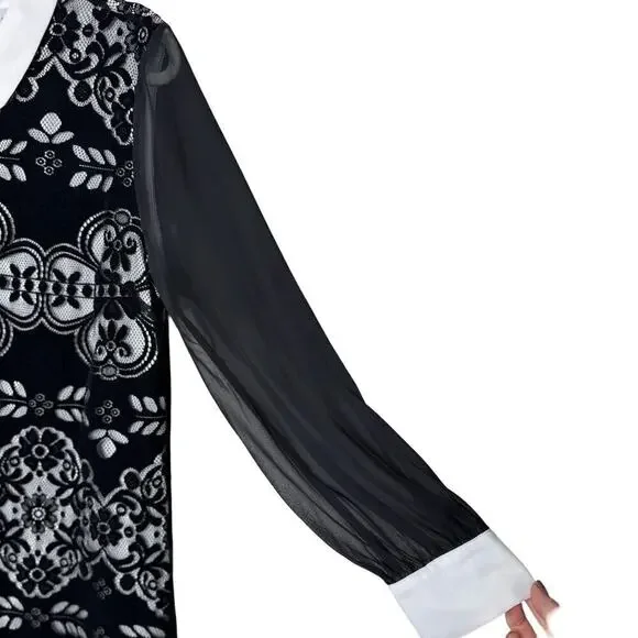 CeCe Velvet Floral Collared Dress Long Sheer Sleeves Women’s Size 14 - Picture 3 of 9